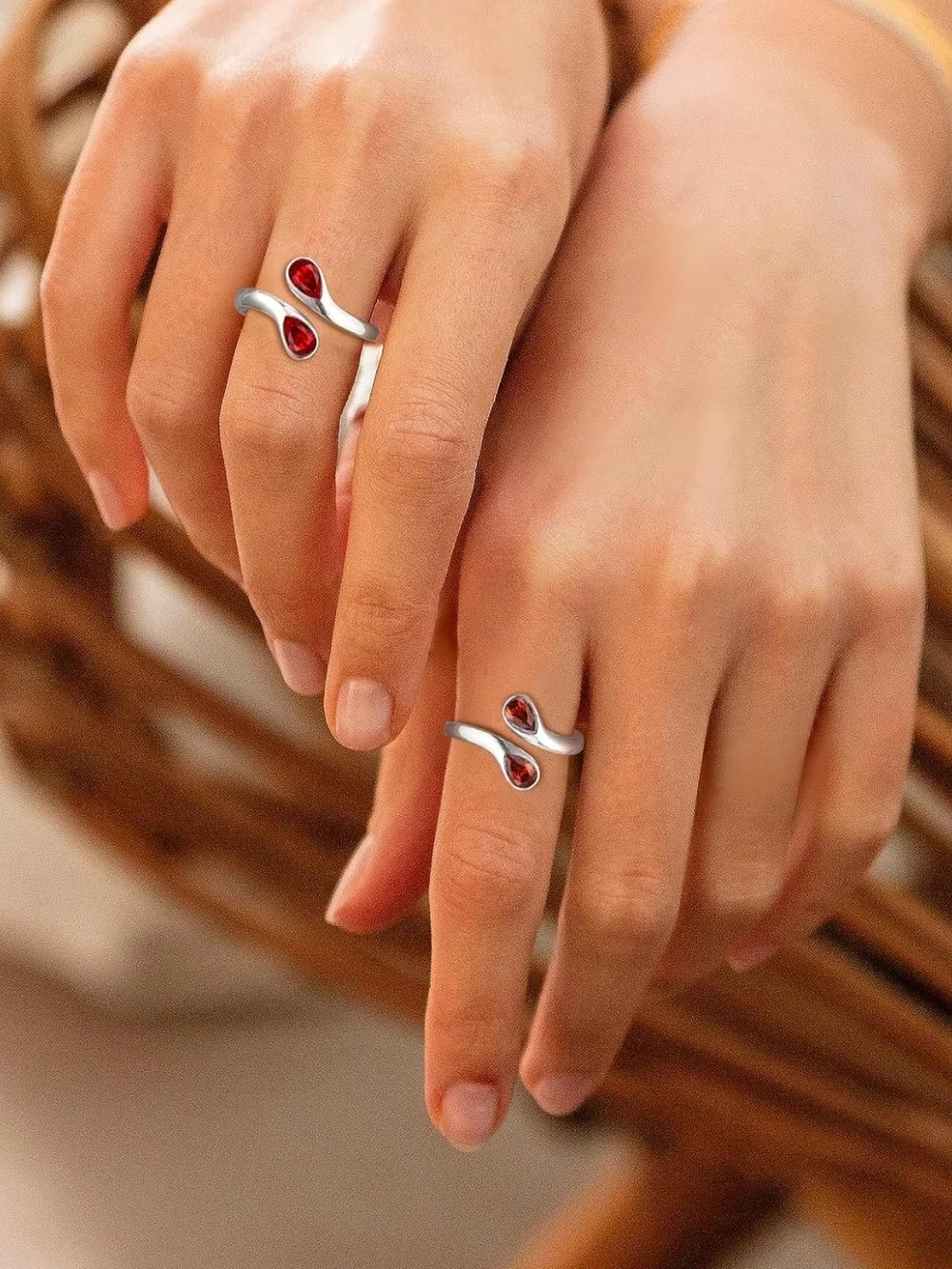 Sterling Silver Open Ring with Red Gemstone Accents